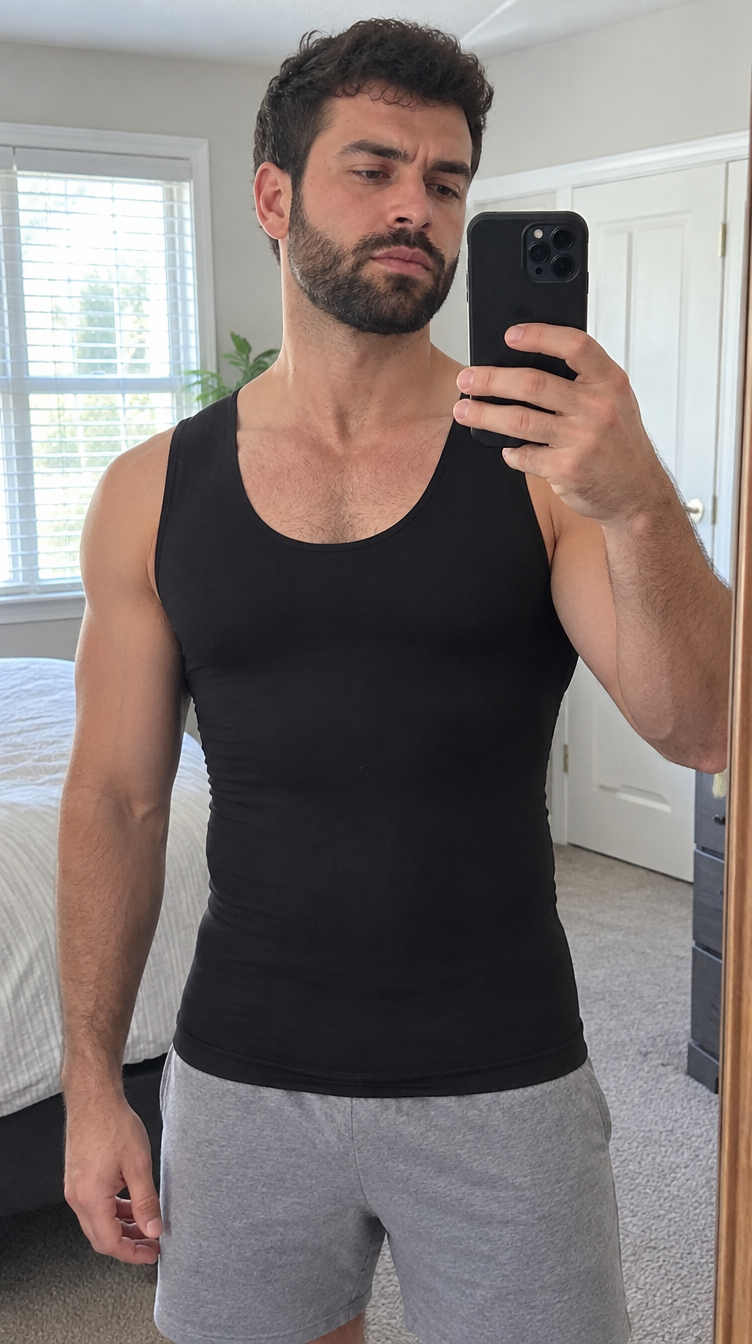 Homme portant le débardeur gainant noir, selfie miroir